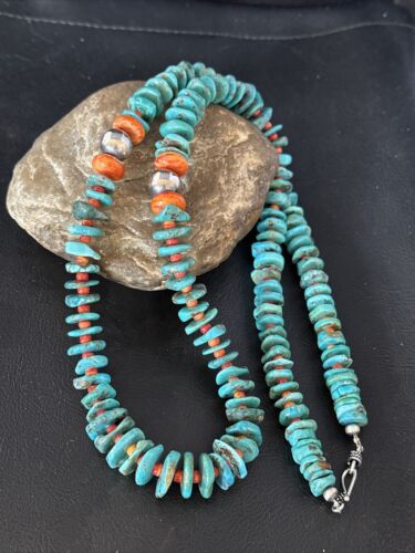 Navajo Blue Turquoise & Spiny Oyster Graduated Necklace | Sterling Silver | Authentic Native American | 28" | 14887