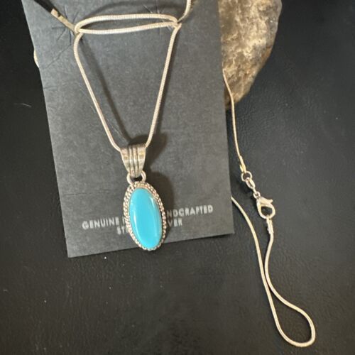 Navajo Blue Turquoise Pendant Necklace | Sterling Silver Chain | Authentic Native American Handmade | 20" | 12601