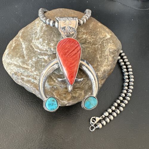 Navajo Blue Turquoise Red Spiny Oyster Naja Pendant | Sterling Silver | Authentic Native American Handmade | 16409