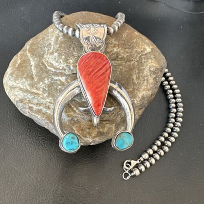 Navajo Blue Turquoise Red Spiny Oyster Naja Pendant | Sterling Silver | Authentic Native American Handmade | 16409