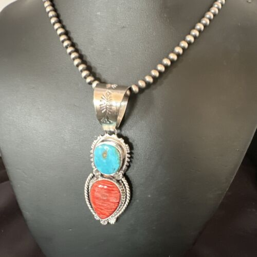 Navajo Blue Kingman Turquoise Spiny Pendant Necklace | Sterling Silver | Multi-Stone | 16824