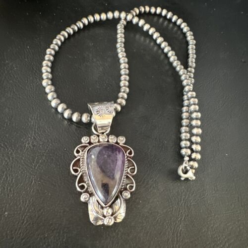 Navajo Pearls Purple Sugilite Pendant Necklace | Sterling Silver Beads | Authentic Native American Handmade | 15375