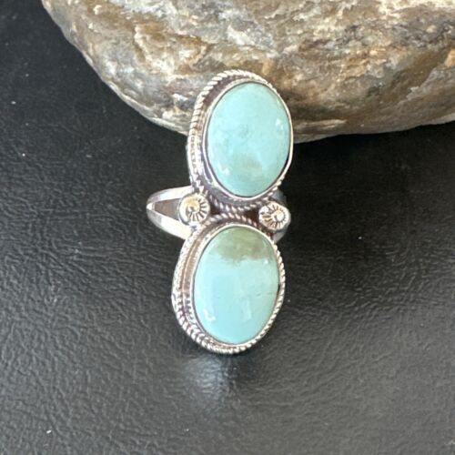 Navajo Blue Dry Creek Turquoise 2 Stone Ring | Authentic Native American Sterling Silver | Multi-Stone | Sz 9 | 16736