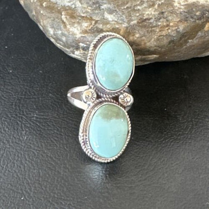 Navajo Blue Dry Creek Turquoise 2 Stone Ring | Authentic Native American Sterling Silver | Multi-Stone | Sz 9 | 16736