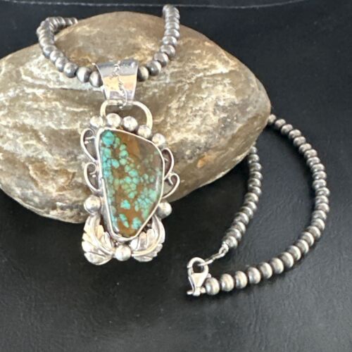 Navajo Blue Spiderweb Turquoise Pendant Necklace | Sterling Silver | Native American Handmade | 15098