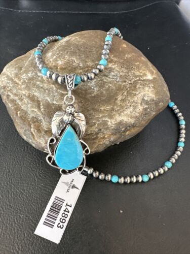 Navajo Pearls Kingman Turquoise Pendant Necklace | Sterling Silver | Authentic Native American Handmade | 14893