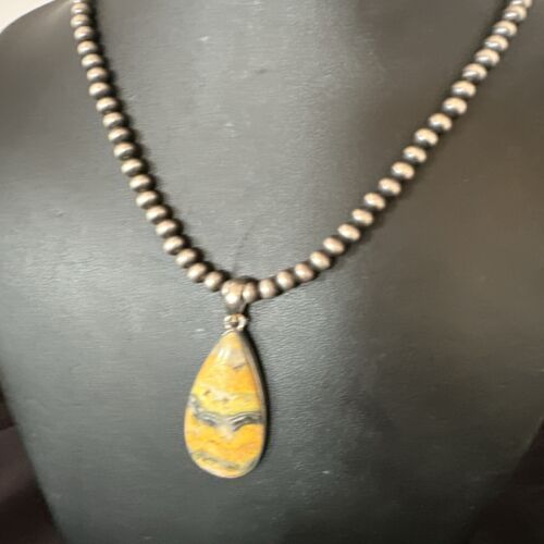 Navajo BumbleBee Jasper Pendant Necklace | Sterling Silver Pearls | Authentic Native American Handmade | 16843