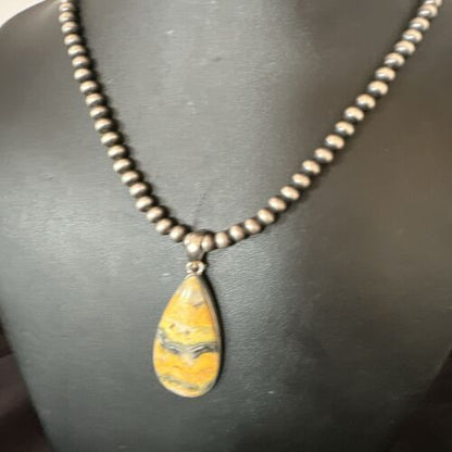 Navajo BumbleBee Jasper Pendant Necklace | Sterling Silver Pearls | Authentic Native American Handmade | 16843