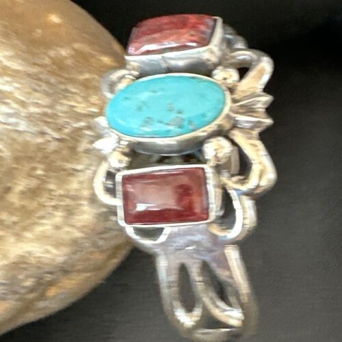Navajo Kingman Turquoise Spiny Cuff Bracelet | Sterling Silver Tufa Cast | Authentic Native American Handmade | 16407