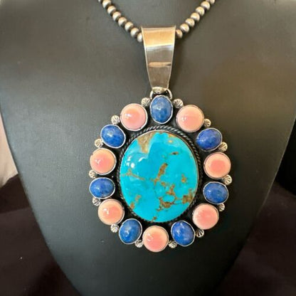 Navajo Multi-Stone Necklace | Lapis, Pink, Blue Turquoise | Sterling Silver | 17456