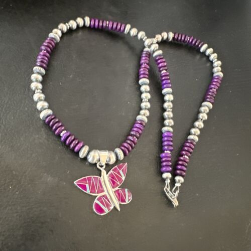 Navajo Butterfly Purple Sugilite Pendant Necklace | Sterling Silver Inlay | Authentic Native American Handmade | 16761