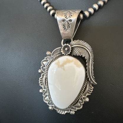 Navajo White Buffalo Turquoise Pendant Necklace | Sterling Silver | Authentic Native American Handmade | 15618