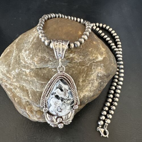 Navajo White Buffalo Turquoise Pendant Necklace | Sterling Silver | Authentic Native American Handmade | 17522