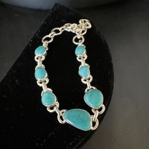 Navajo Blue Turquoise Link Bracelet | Sterling Silver | 8" | Authentic Native American Handmade | 15473