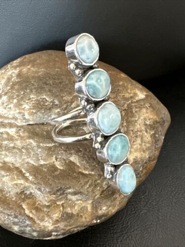 Navajo Blue Larimar Multi-Stone Cluster Ring | Authentic Native American Sterling Silver | Sz 7.5 | 15942