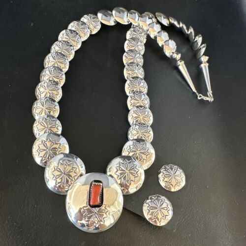 Navajo Red Coral Graduated Necklace | Sterling Silver Pillow Stamped | 18" | Authentic Native American Handmade | 15129