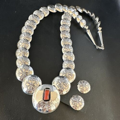 Navajo Red Coral Graduated Necklace | Sterling Silver Pillow Stamped | 18" | Authentic Native American Handmade | 15129