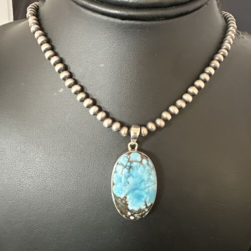 Navajo Blue Spiderweb Turquoise Pendant Necklace | Sterling Silver | Authentic Native American Handmade | 17018