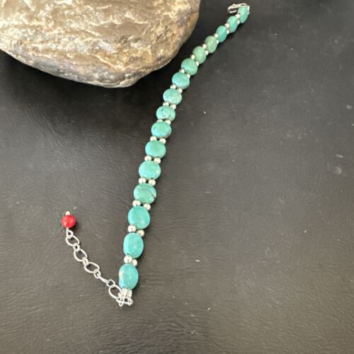 Navajo Blue Turquoise Bead Bracelet | Sterling Silver Link | 8" | Authentic Native American Jewelry | 17235