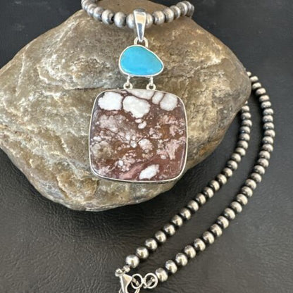Men's Wild Horse & Blue Kingman Turquoise Necklace | Sterling Silver SW Pendant | 17320