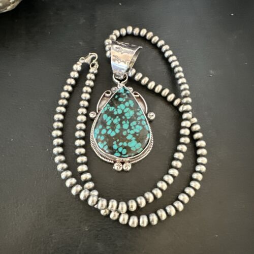 Men's Spiderweb Turquoise Pendant | Navajo Pearls Sterling Silver Necklace | Authentic Native American Handmade | 17067