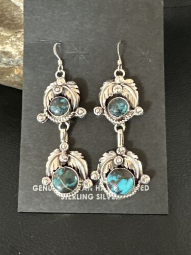 Navajo Blue Spiderweb Turquoise Dangle Earrings | Sterling Silver | Authentic Native American Handmade | 16012