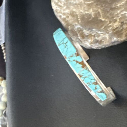 Navajo Men's Blue Turquoise Inlay Bracelet | Sterling Silver | Authentic Native American Handmade | 15062