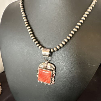 Navajo Red Spiny Oyster Pendant Necklace | Sterling Silver | Authentic Native American Handmade | 16143