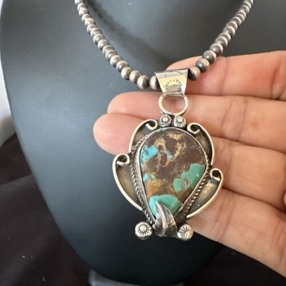 Navajo Blue Turquoise Pendant Necklace | Sterling Silver Pearls | Authentic Native American Handmade | 15649