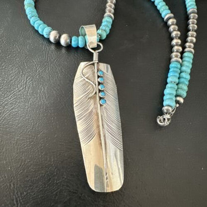 Men's Feather Turquoise Pendant | Navajo Sterling Silver Necklace 21" | Multi-Stone | 17445