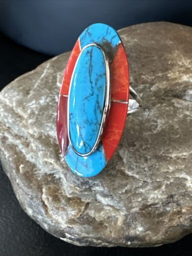 Native American Navajo Blue Turquoise Spiny Oyster Inlay Band Ring | Sz 9 | 16431