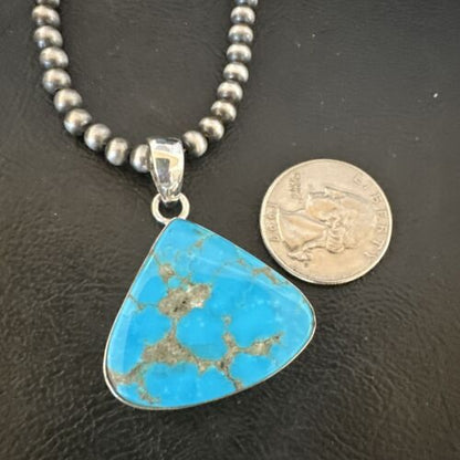Navajo Blue Kingman Turquoise Pendant Necklace | Sterling Silver | 20" | Authentic Native American Handmade | 17002