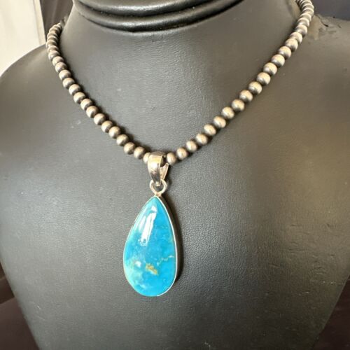 Navajo Blue Kingman Turquoise Pendant Necklace | Sterling Silver | 20" | Authentic Native American Handmade | 17000