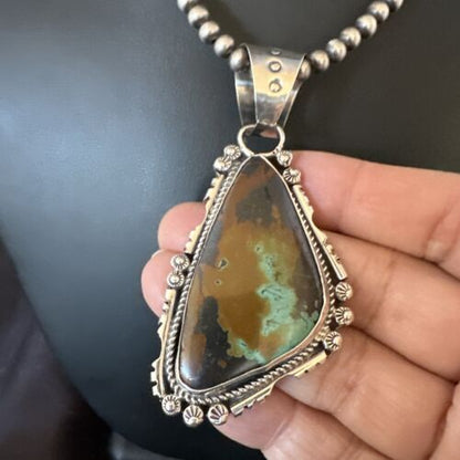 Men's Navajo Green Turquoise Pendant Necklace | Sterling Silver | Authentic Native American Handmade | 17530