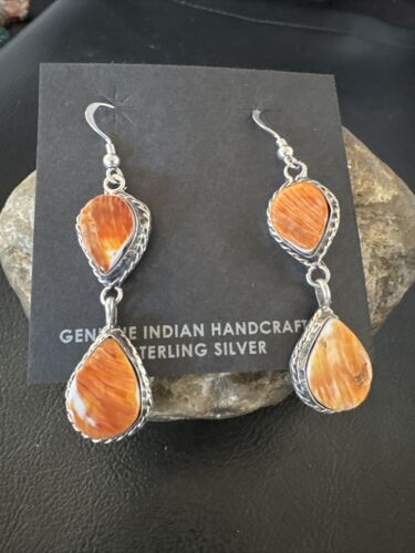 Navajo Orange Spiny Oyster Dangle Earrings | Sterling Silver | 1.5" | Authentic Native American Handmade | 16573