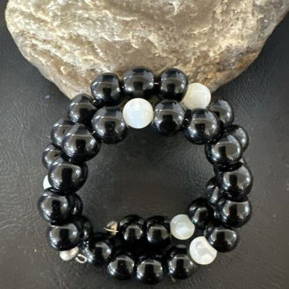 Memory Wire Stainless Steel Bracelet | Black Onyx & Mother of Pearl Beads | 17619