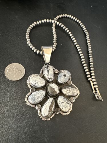 XL Cluster Navajo White Buffalo Turquoise Sterling Necklace Pendant | Multi-Stone | 14897