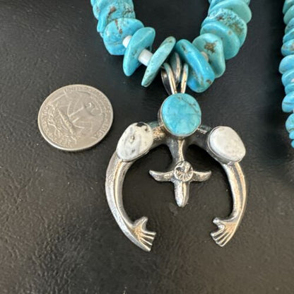 Navajo White Buffalo Blue Turquoise Naja Pendant | Sterling Silver Necklace | Authentic Native American Handmade | 15026