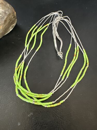 Navajo Green Gaspeite Heishi Bead Necklace | 5-Strand Stabilized Sterling Silver | 20" | 02941