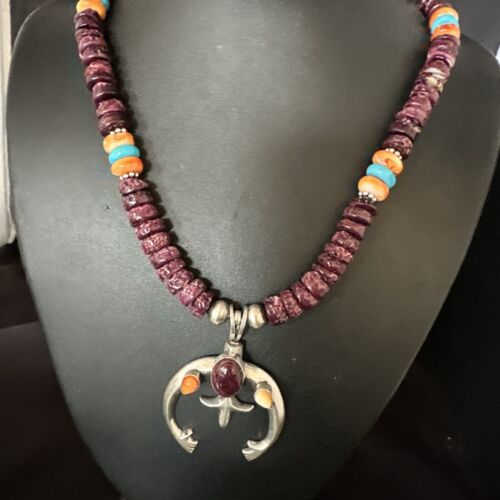 Navajo Purple Spiny Oyster Turquoise Naja Pendant Necklace | Sterling Silver | Native American Handmade | 15273