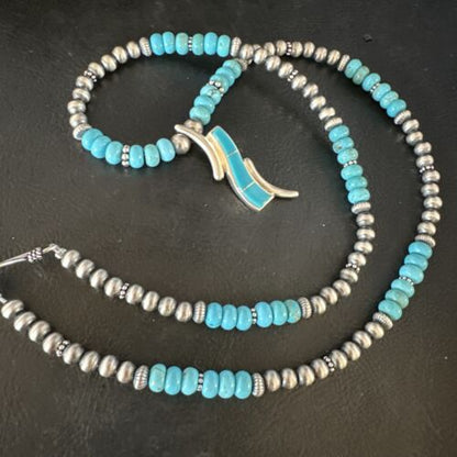 Navajo Blue Turquoise Pendant Necklace | Sterling Silver with Pearls | Authentic Native American Handmade | 15376