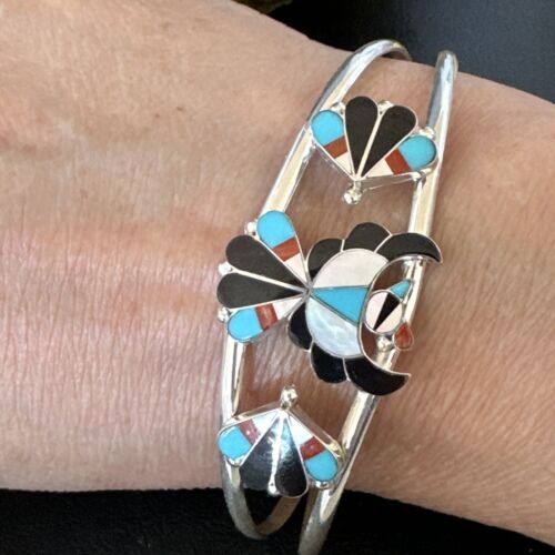Zuni Thunderbird Bracelet | Sterling Silver Multi-Stone Inlay | Turquoise | Authentic Native American Jewelry | 15056