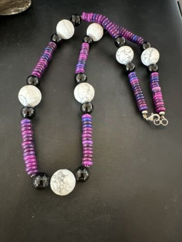 Navajo Purple Sugilite Onyx Howlite Bead Necklace | Sterling Silver | 25" | Authentic Native American Handmade | 16948