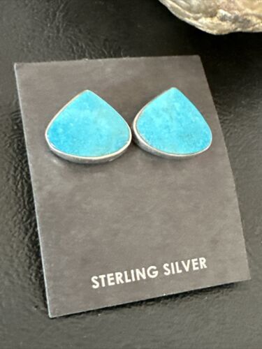 Navajo Blue Kingman Turquoise Post Stud Earrings | Sterling Silver | Authentic Native American Handmade | 17470