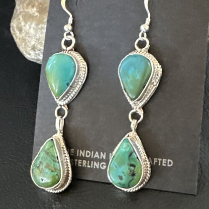 Navajo Green Royston Turquoise Dangle Earrings | Sterling Silver | Authentic Native American Handmade | 16494