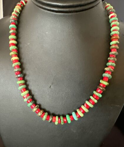 Navajo Green Turquoise and Round Coral Necklace | Sterling Silver | 18" | Authentic Native American Handmade | 17580 - Masha USA