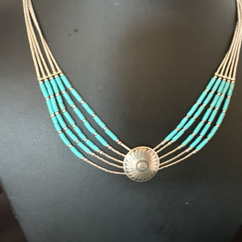 Navajo Blue Turquoise Heishi Concha Necklace | 5 Strand Liquid Sterling Silver | 20" | 15876