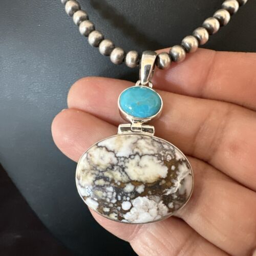 Navajo Wild Horse Blue Kingman Turquoise Necklace | Sterling Silver | Authentic Native American Handmade | 17323