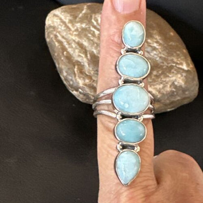 Navajo Blue Larimar Multi-Stone Cluster Ring | Authentic Native American Sterling Silver | Multi-Stone | Sz 7.5 | 17557