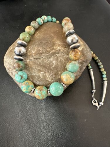 Navajo Green Turquoise Bead Necklace | Sterling Silver | Graduated | 20" | Authentic Native American | 17433